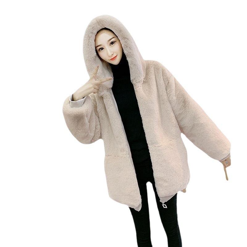 New Autumn and Winter Imitation Fur Jacket for Women's Loose and Thickened Imitation Rabbit Fur Plush Medium and Long Hooded