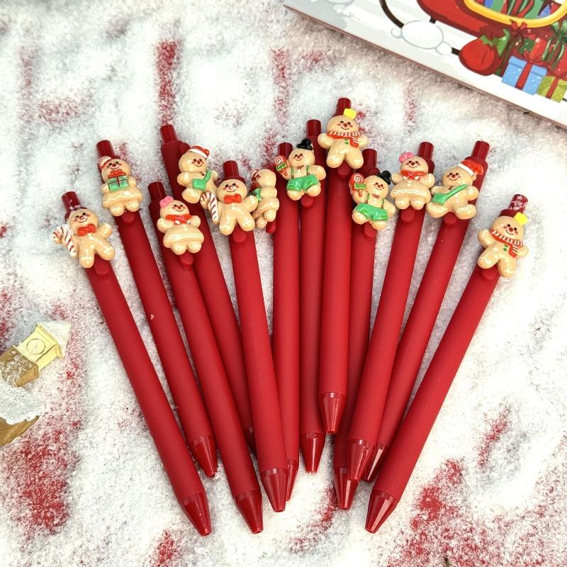 10Pcs Gingerbread Man Patch -Themed Retractable Ballpoint Pens - Red Soft Grip Pens with Random Gingerbread Man Patch Designs, Fine Point, Ideal for S