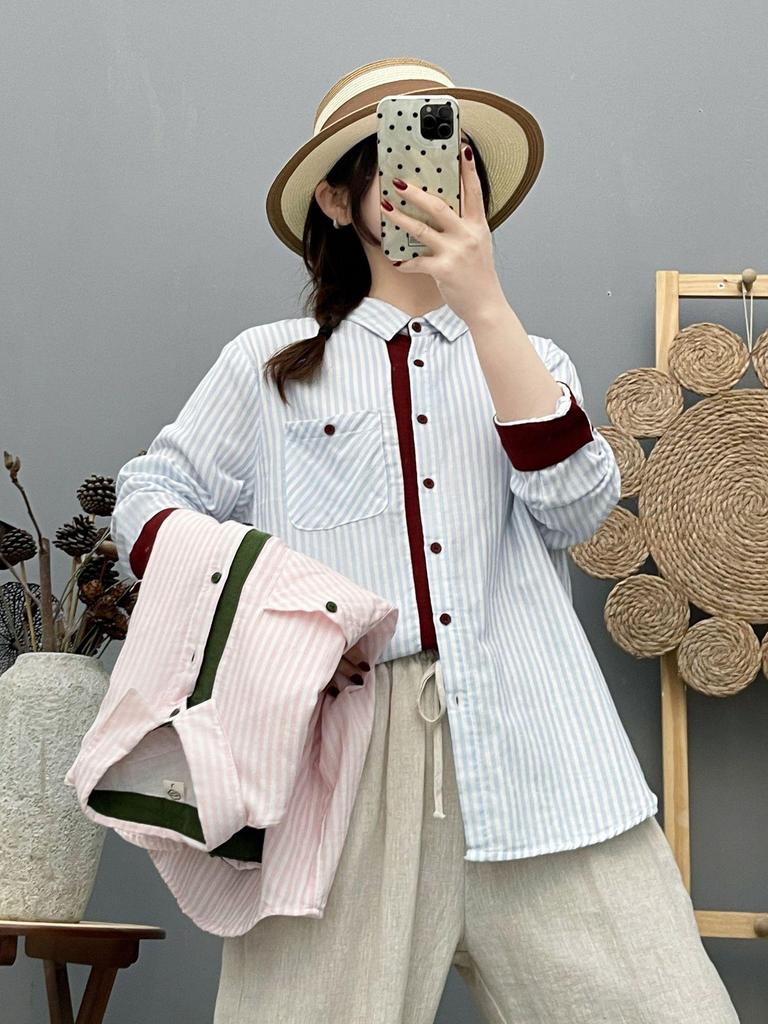Women's French Retro Vertical Stripe Shirt - Double Layer Cotton Gauze, Long Sleeve, Spring/Autumn 2026