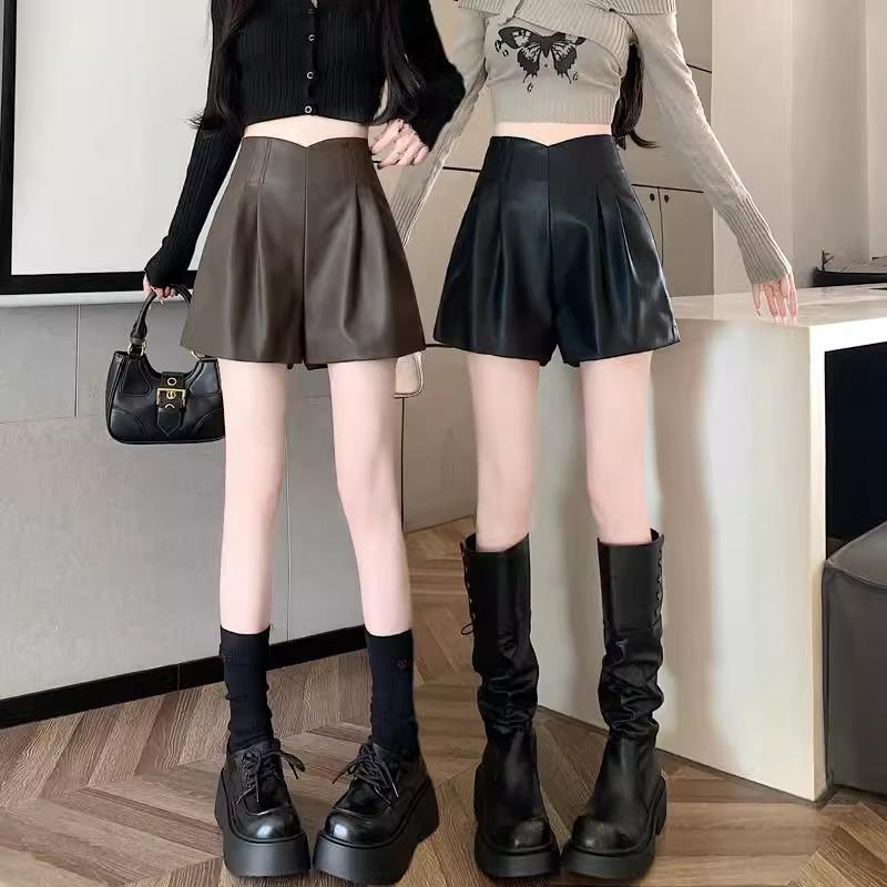 Women's PU Leather High-Waist Wide-Leg A-line Shorts - Autumn/Winter 2024 Korean Style Fashion.