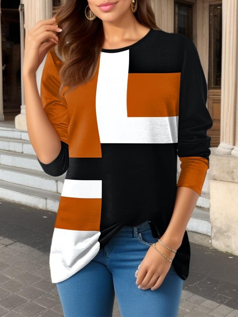 Women's Geometric Colorblock Long Sleeve T-shirt