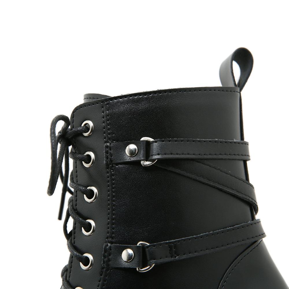 Fashion 2025 Mid Calf Boots Platform Goth Shoes Chunk Heels Black Leather Plus Size Side Zipper Rave Combat Boots for Women Lace Up