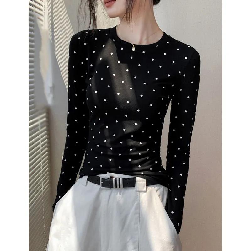 Korean Style Round Neck Polka Dot Long Sleeve T-shirt for Women Autumn Winter New Slim Fit Inner Layering Shirt Top
