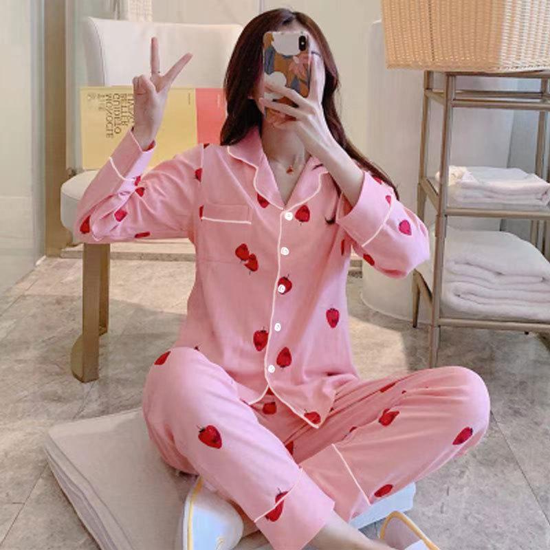 Spring And Autumn Pajamas Women'S Cardigan Long-Sleeved Trousers Korean Girls' Simple Cartoon Loungewear Suit Can Be Worn Outside