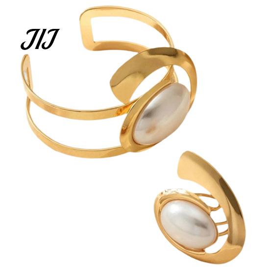 Golden Plated Jewelry Se 2Pcs Faux Pearl Bangle And Ring Set, Geometric Open Bracelet Daily Wear & Ring, Minimalist Statement for Party Oval