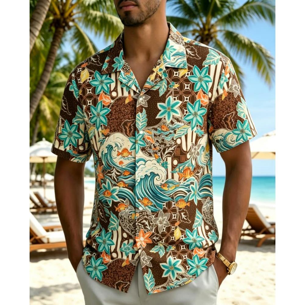 Tropical Floral Print Men Vintage Batik Shirt Summer Casual Beach S