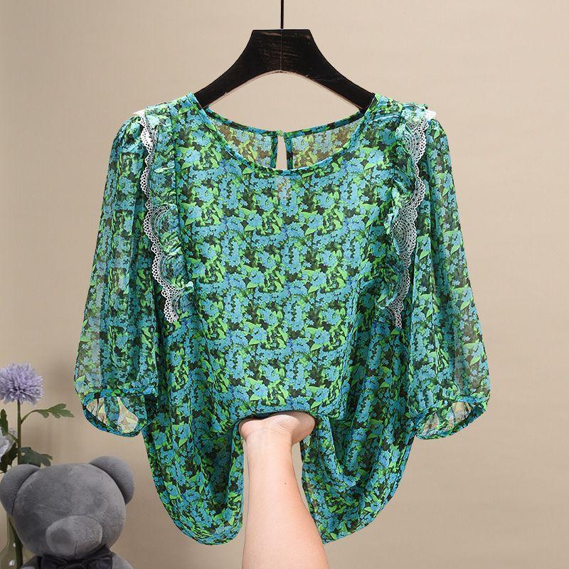 

Chiffon Blouse Summer Lace Trim Short Sleeve Chic French Style Top M зелёный