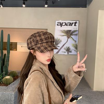 Korean New Hat Women's Autumn and Winter Plaid Octagonal Hat Fashionable Temperament Newsboy Hat Versatile Casual Peaked Hat