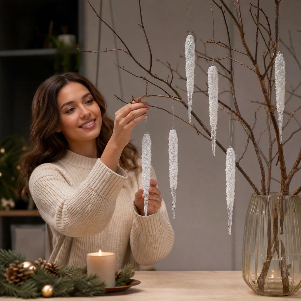 Artificial Snow Frost Icicle Christmas Tree Ornaments (6-Piece Set) for Winter Holiday Decor