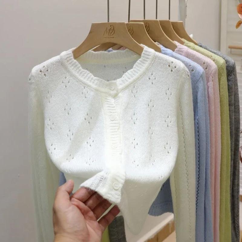 Design Sense Hollow Lace Knitted Cardigan for Women Retro Spring and Autumn Short Top