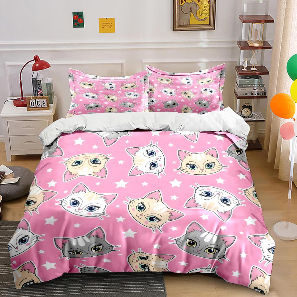 Cartoon Cat Heads Pink Background Bedding Set For Kids Luxury Gift 3Pcs Digital Print Comforter Set Soft Comfortable Breathable