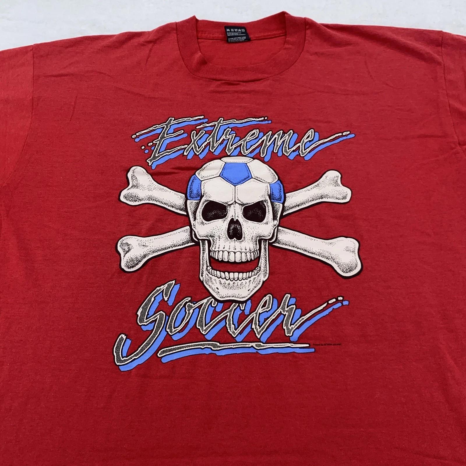 

Vintage Extreme Soccer Shirt Mens 2XL Red Skull Bones Skeleton Made USA 90s Tee XL