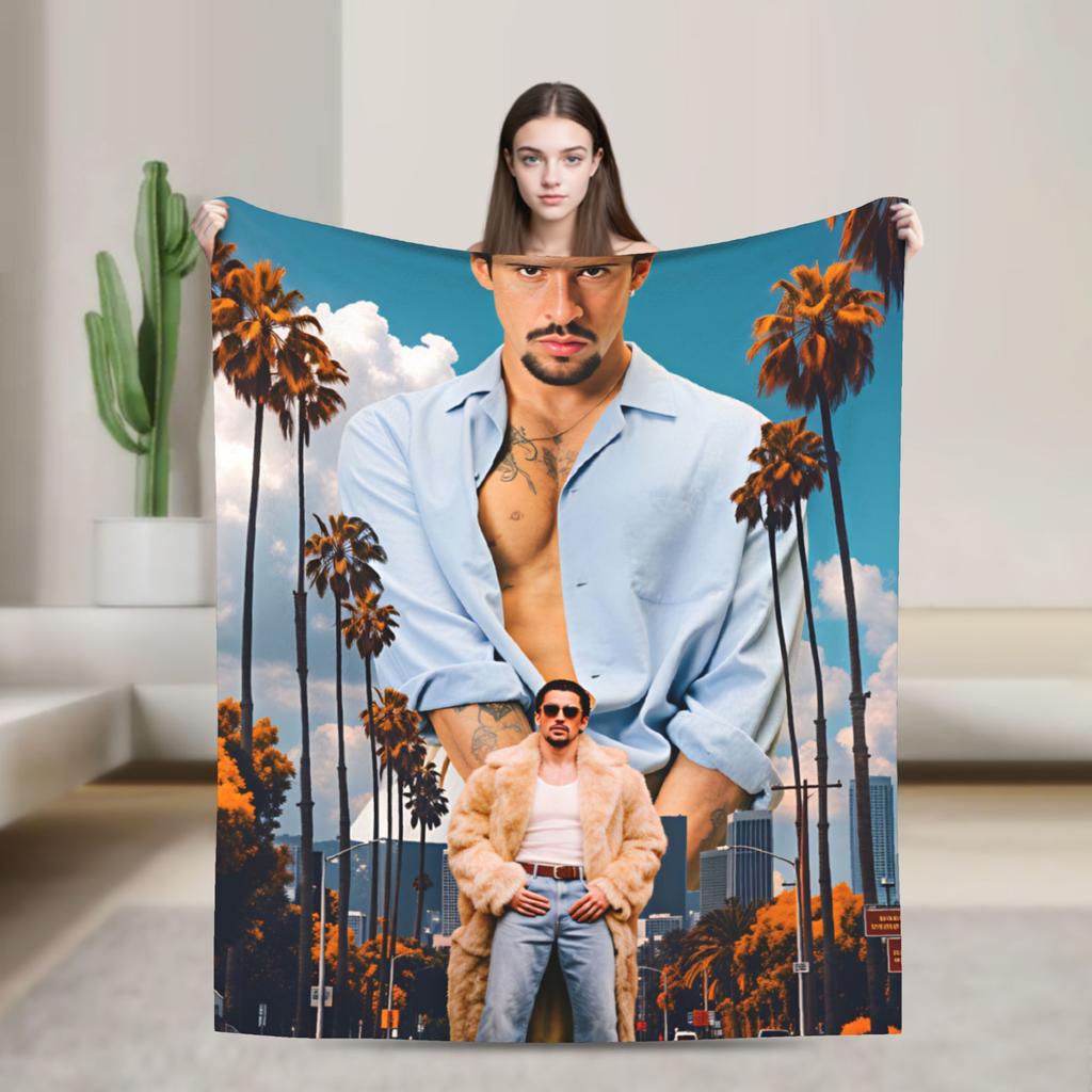 Bad Bunny Puerto Rican Rapper Portrait Blanket Warm Fashion Plush Throw Blanket For Child Bedroom Flannel Bedspread Bed Cover