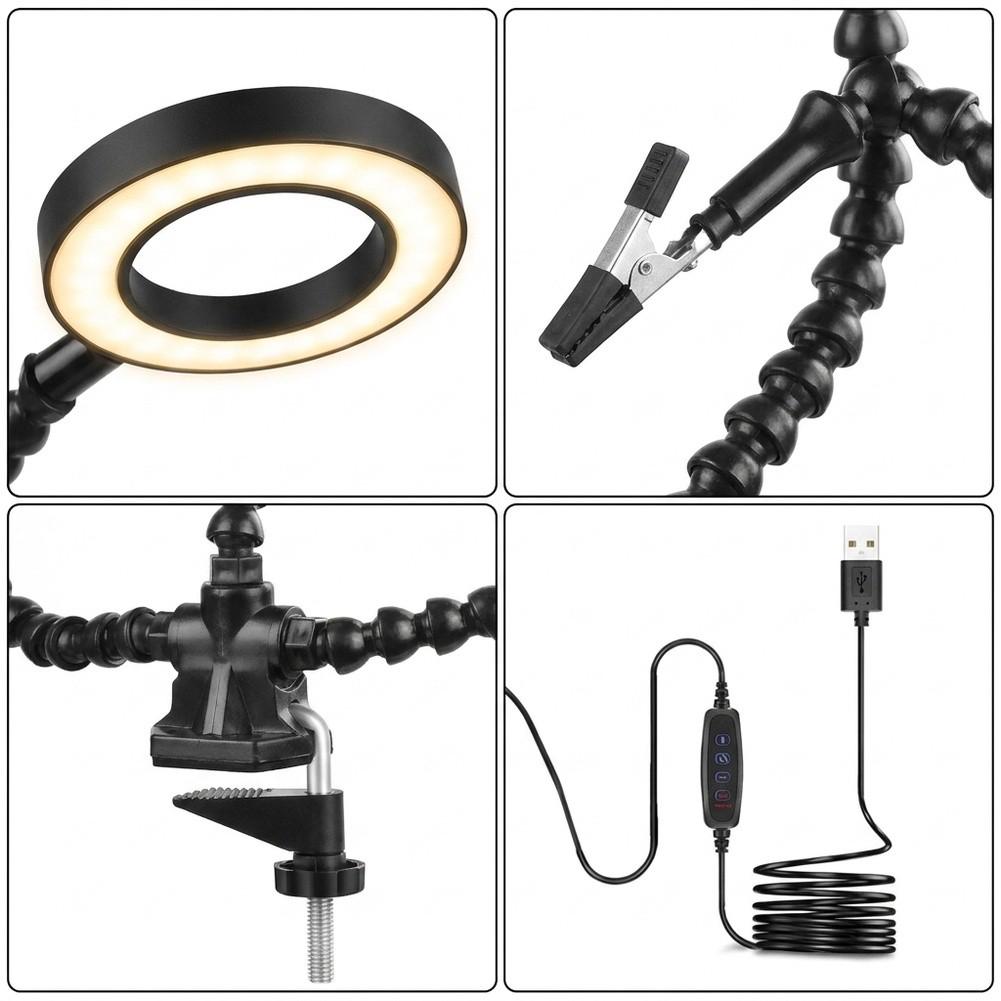Flexible Soldering Helping Hands with 5-Arm Adjustable Clamp and Built-in USB LED Ring Light for PCB Work and Electronics Repair