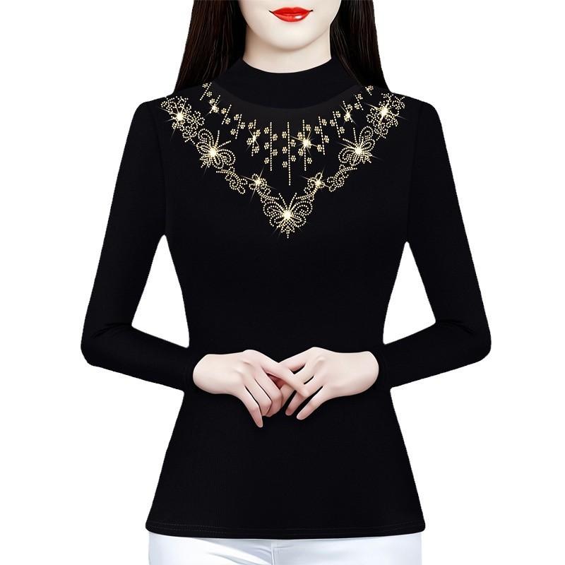 Spring Ironing Diamond Base Shirt for Women with Small Shirt for Women with Slim Fit and Fashionable Mother Plus Velvet Top