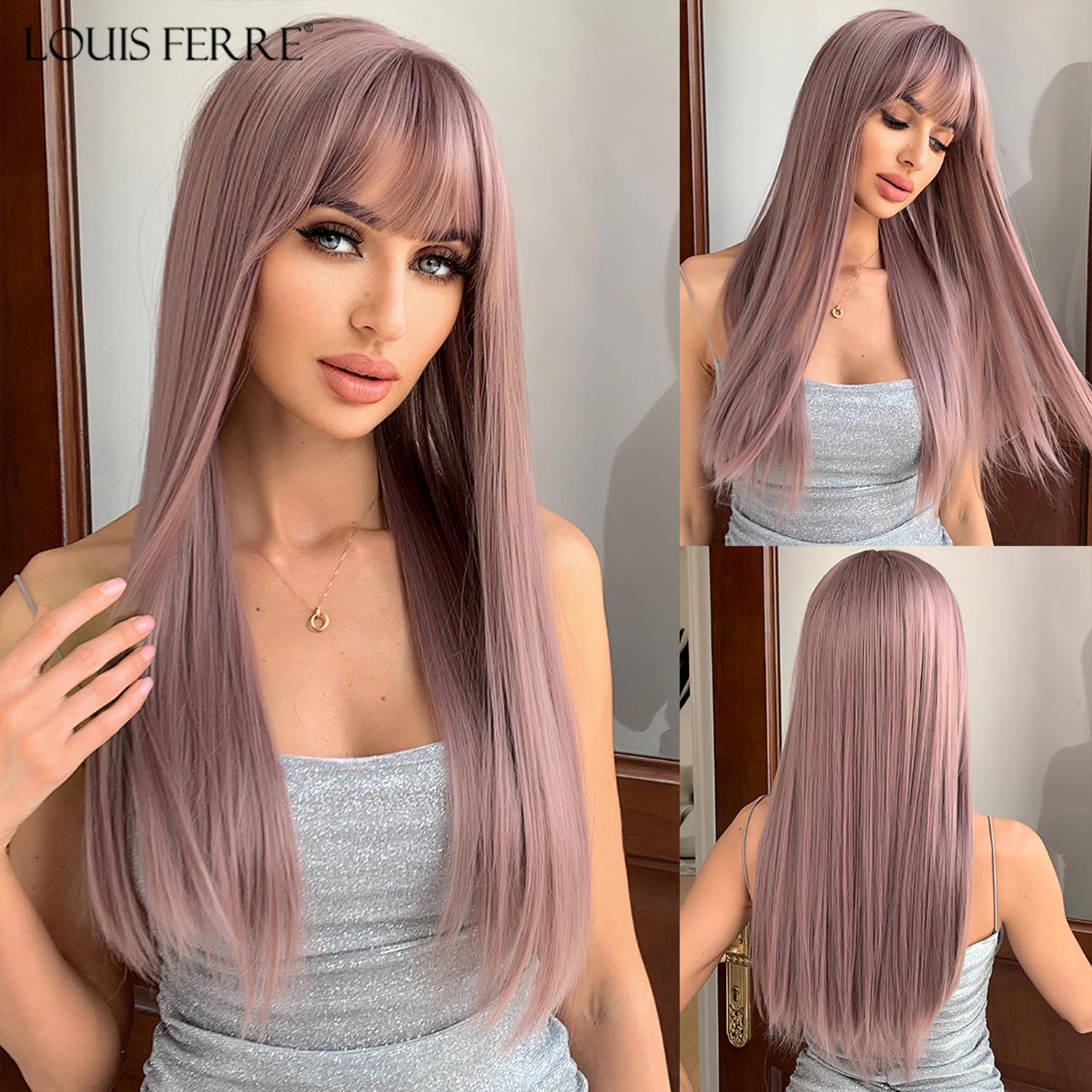 

LOUIS FERRE Длинные синтетические парики блондинки с челкой Светло-русый натуральный прямой парик для женщин Повседневный косплей термостойкие волосы