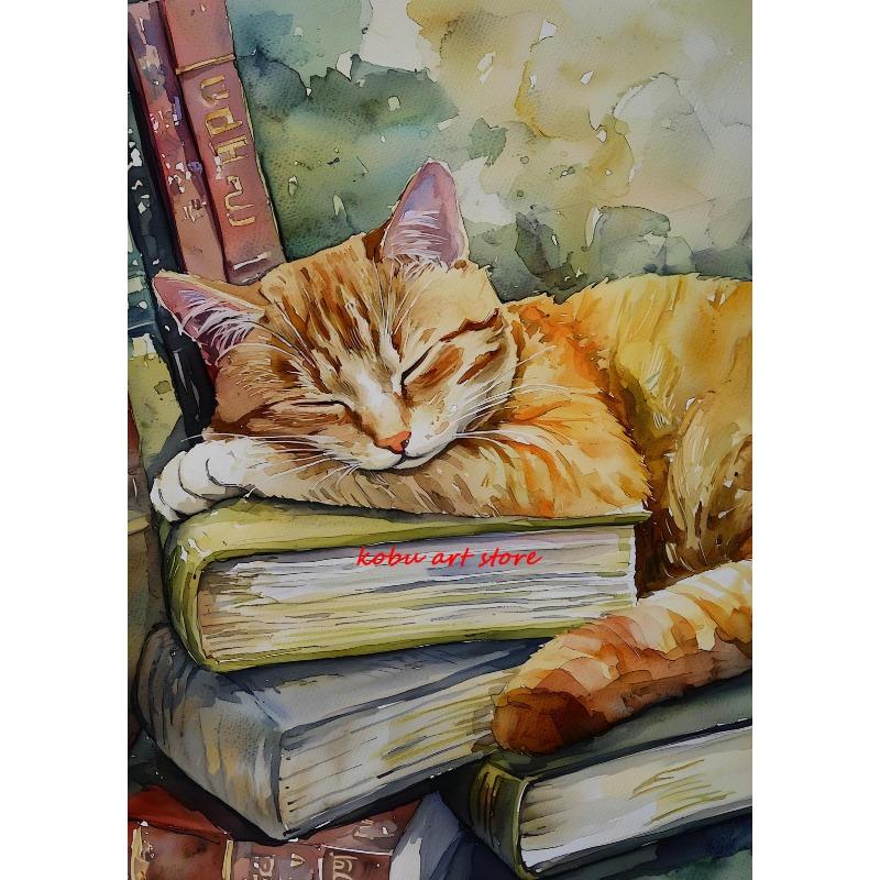 Vintage Sleeping Cat Antique Posters Canvas Printing Stack Books Lazy Cat Bookish Wall Art Picture for Library Home Room Decor