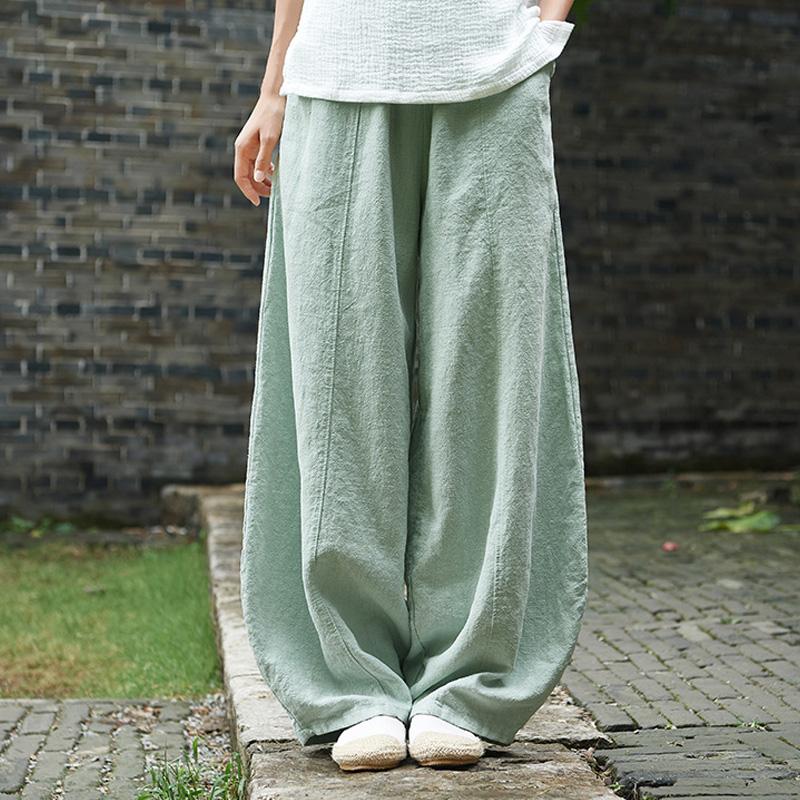 Spring Summer Cotton Linen Style Bloomers Wide Leg Pants Women Vintage Full Length Elegent Pants Solid Elasitic Waist