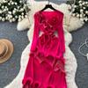 Autumn Winter Women Elegant 3D Flower Ruffles Miyake Fold Christmas Party Oversized Loose Lace-up Dresses