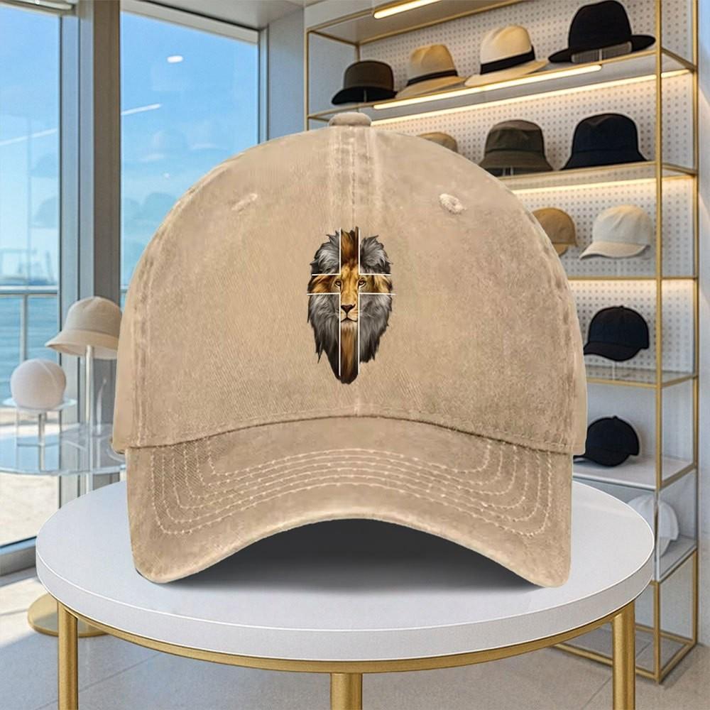 Lion of Judah Cross Print Baseball Cap Vintage Washed Denim Adjustable Casual Urban Hat