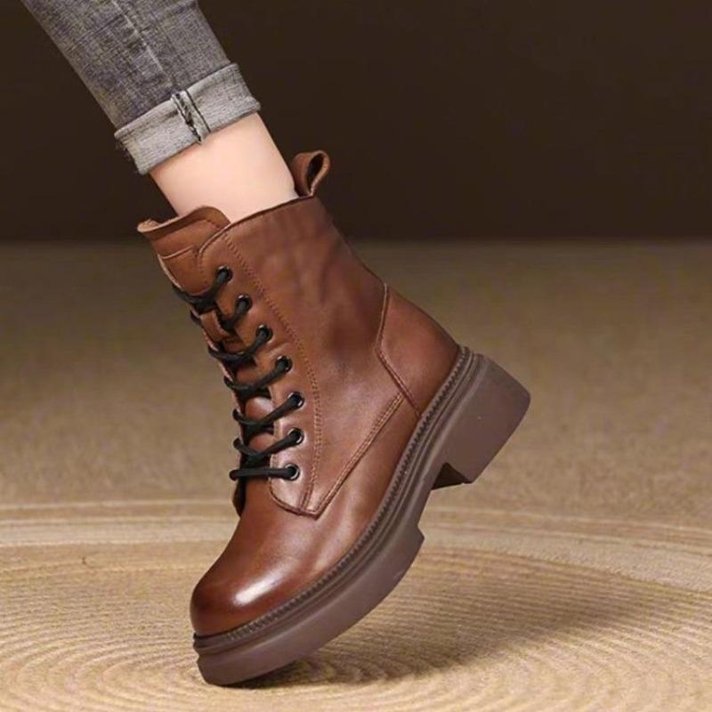 New Women's 2026 Autumn/Winter Collection Thick Bottom and Velvet Retro Middle Boots British Style Short Boots for Women
