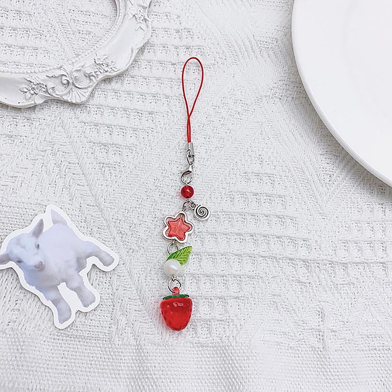 Korean Cute Strawberry Mobile Phone Chain Y2K Sweet Fruits Beaded Phone Lanyard Keychain For Girls Phone Pendant Charms
