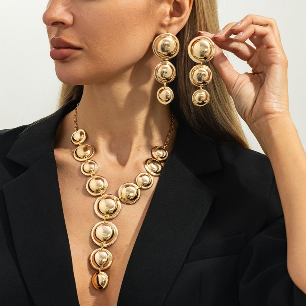 Exaggerated Drop Earrings Glossy Necklace Earrings Luxury Long Chain Necklace  Women Jewelry Set