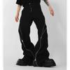 Trendy Brand Men Black Zipper Design Slit Slightly Flared Pants Vertical Feeling Straight Casual Pants Retro Trousers