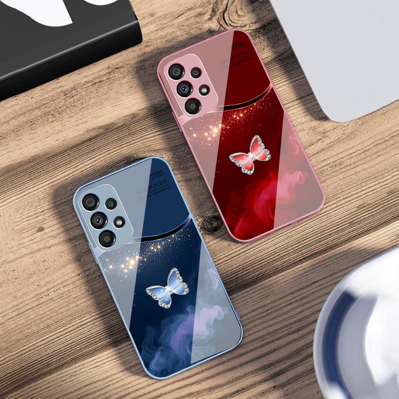 Pink Butterfly Ash Blue For Samsung Galaxy S10 4G S20 11E 30 S21 22 S24 Fe Pro S23 S25 Ultra 5G S9 Tempered Glass Phone Case