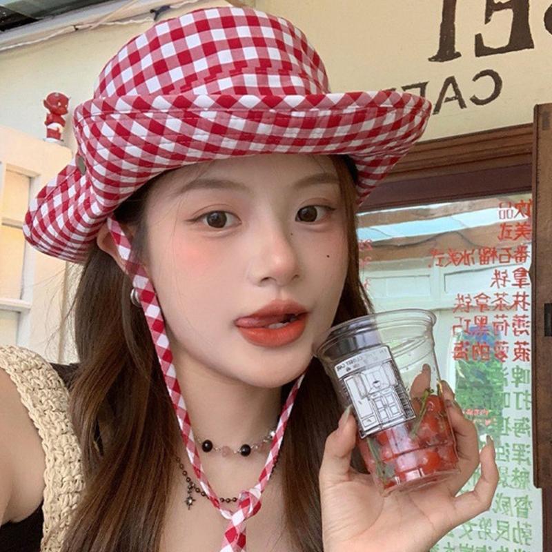 Japanese Style Sweet Gingham Basin Cap Adjustable Bucket Hat For Women And Men Soft Cotton Summer Sun Protection