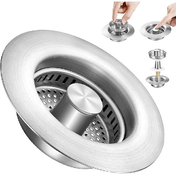 2025 Upgraded 3 in 1 Kitchen Sink Drain Strainer&Sink Stopper,Stainless Steel Pop up Sink Drain Strainer,Anti-Clogging Basket Strainer,High Chrome