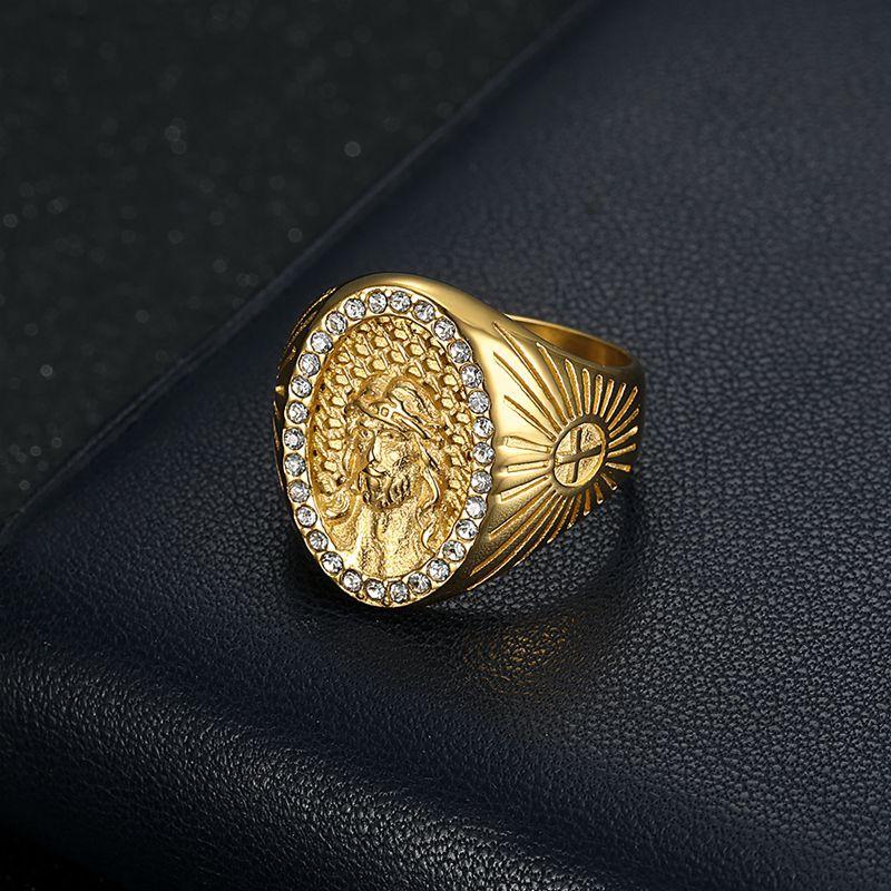 Vintage Cross Jesus Gold Color Stainless Steel Religious Jesus Christ Ring for Men Women Fashion Punk Biker Jewelry Gift