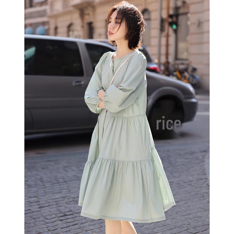 Women's Summer Puff Sleeve Babydoll Midi Dress with Asymmetric Tie