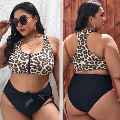 Traje de baño con cremallera multicolor y estampado de leopardo para mujer, traje de baño sexy de talla grande 4XL