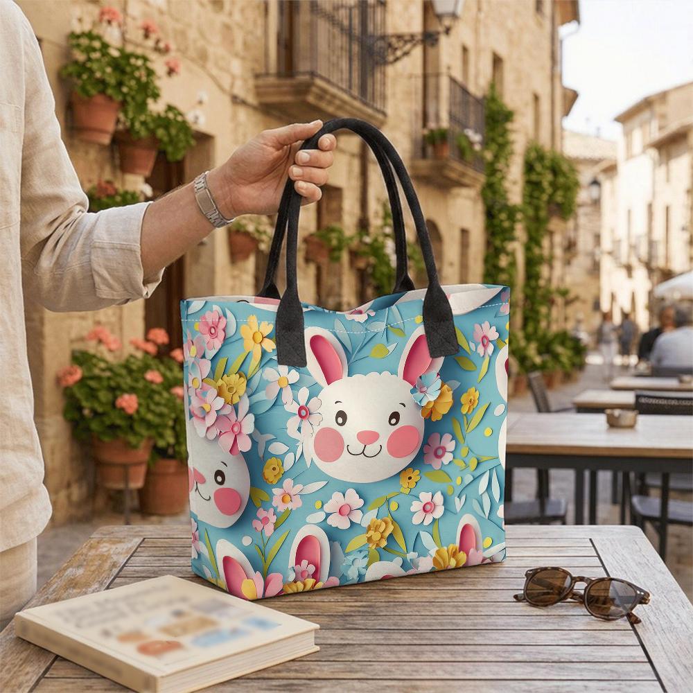 Cute Rabbit Floral Print Canvas Tote Bag Casual Large Capacity Daily Shopping Shoulder Bag for Women Girls