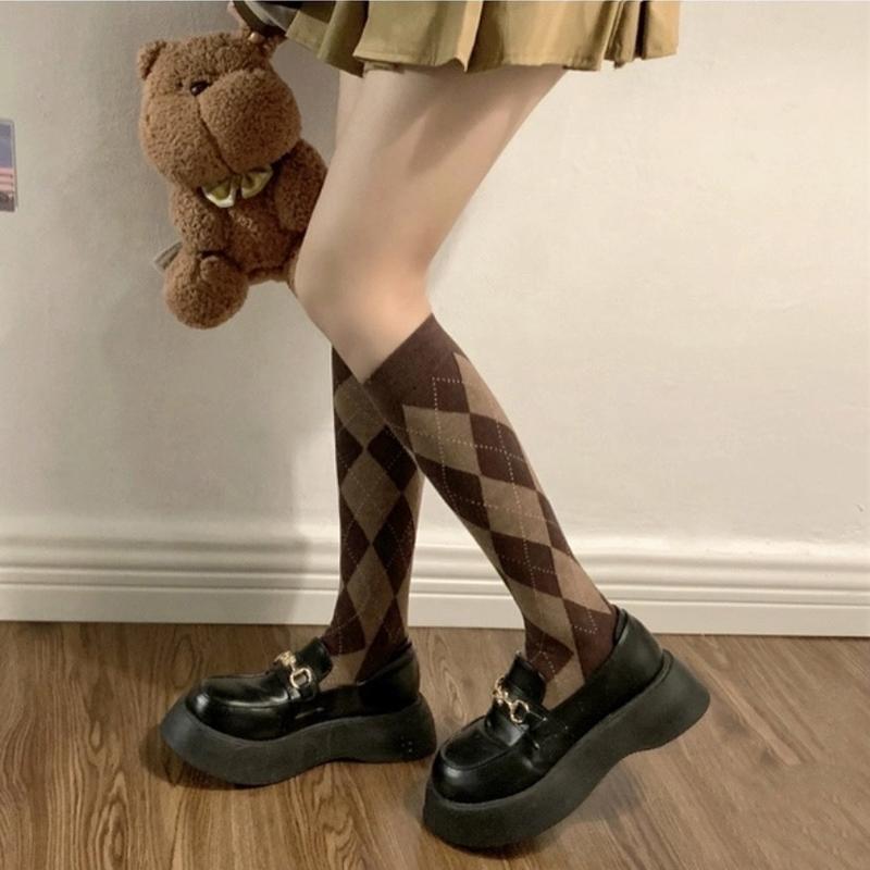 Colorful Spring Pattern ins fashion Diamond plaid Knee socks women Party Queen knee-high stockings Over Knee long ladies girls