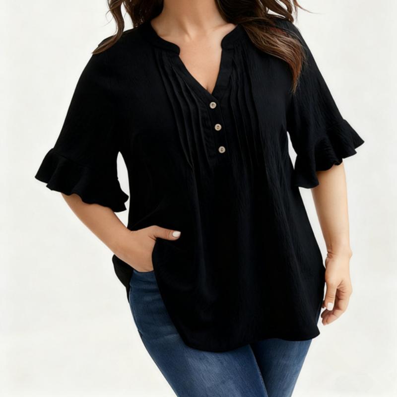 Women's Plus Size Cotton Blouse V Neck Ruffle Short Sleeve Pleated Button Front Loose Fit Comfortable Casual Tunic Shirt Top