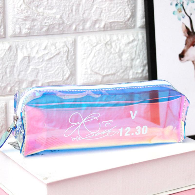 Bts Pencil Case Stationery Box Laser Transparent Large Capacity Primary School Universal Storage Bag