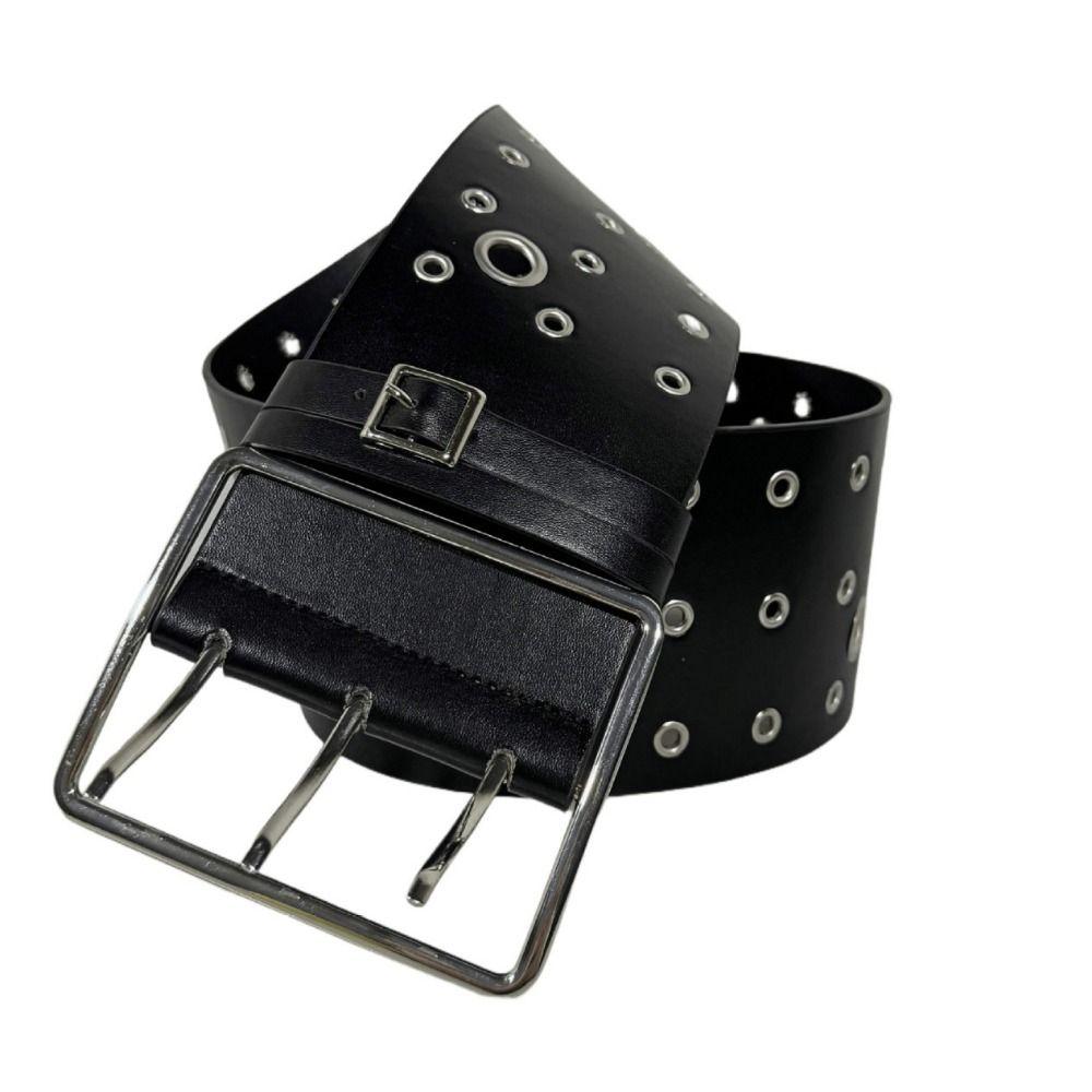 Personalized Design Hollow Rivet Wide Belt Three Row Needle Buckle Black Leather Waistbands  Party