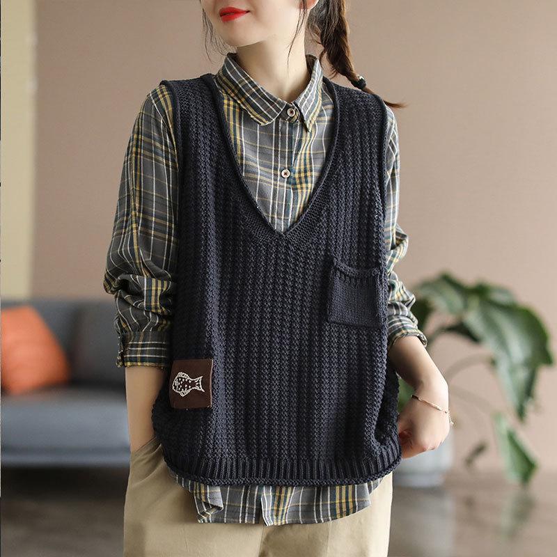 Retro V-Neck Knit Vest for Women - Spring/Autumn Casual