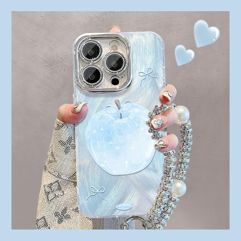 Green Apple Bracelet for Apple 16 Mobile Phone Case Huawei Pura70pro Feather Yarn 15 Full-pack Lens Film X