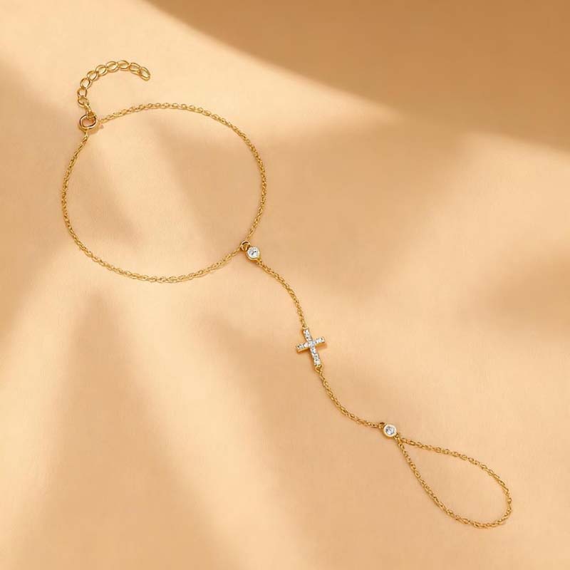 Fashion Metal Cross Finger Ring Bracelet for Women Exquisite Crystal Zircon Bead Link Chain Hand Bangles Wedding Jewelry Gift