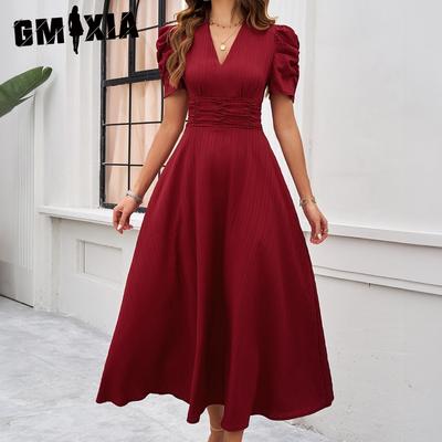 Frühling Sommer Kurzarm V-Ausschnitt Elegantes einfarbiges Taillenkleid