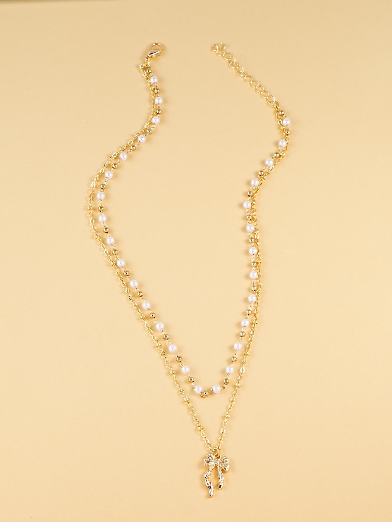 Elegant Fashion Double Layered Pearl Bead Necklace with Butterfly Knot Pendant Clavicle Chain for Daily Dates Parties Jewelry