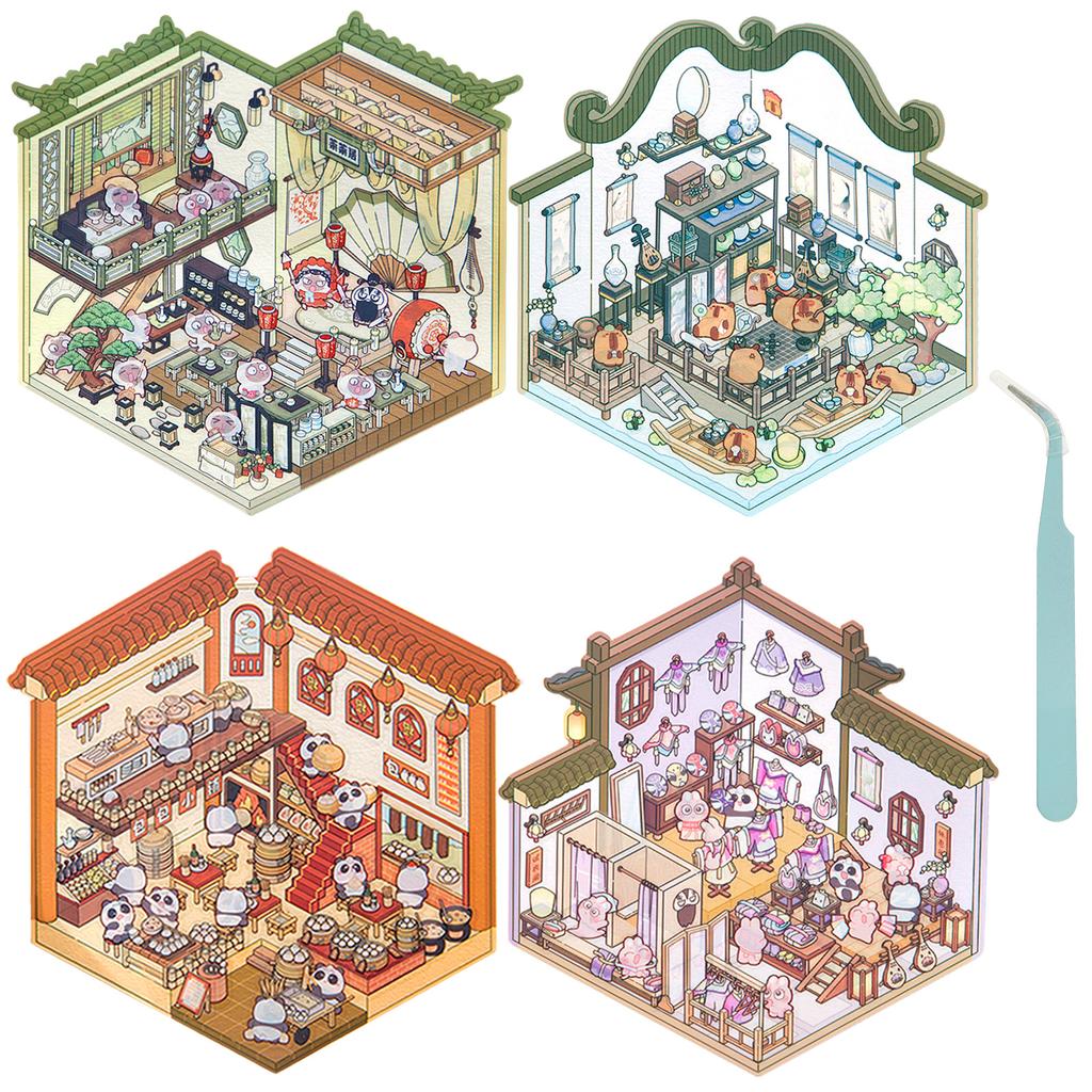 3D Landscaping Stickers Cartoon Forest Village 3D Effect Stickers Pocket Chalet Scene Book Stacking Stickers Birthday Gift