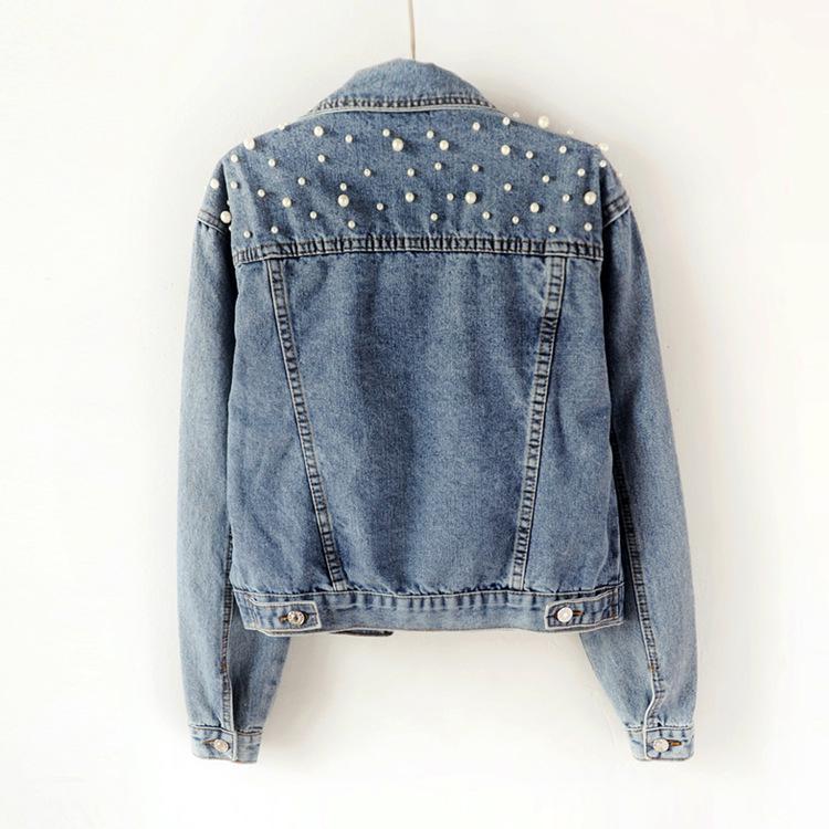 Women's Short Denim Jacket Beaded Pearl Jacket Loose Spring Autumn Denim Jacket