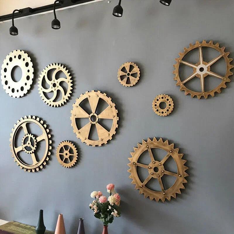 Vintage Zlaté Dřevěné Kolo Steampunkové Soukolí Socha Soukolí Retro Design Ozdoby Bar Pub Nástěnná Dekorace Ozubené Kolo Rustikální Dekorativní Dřevěné Řemeslo