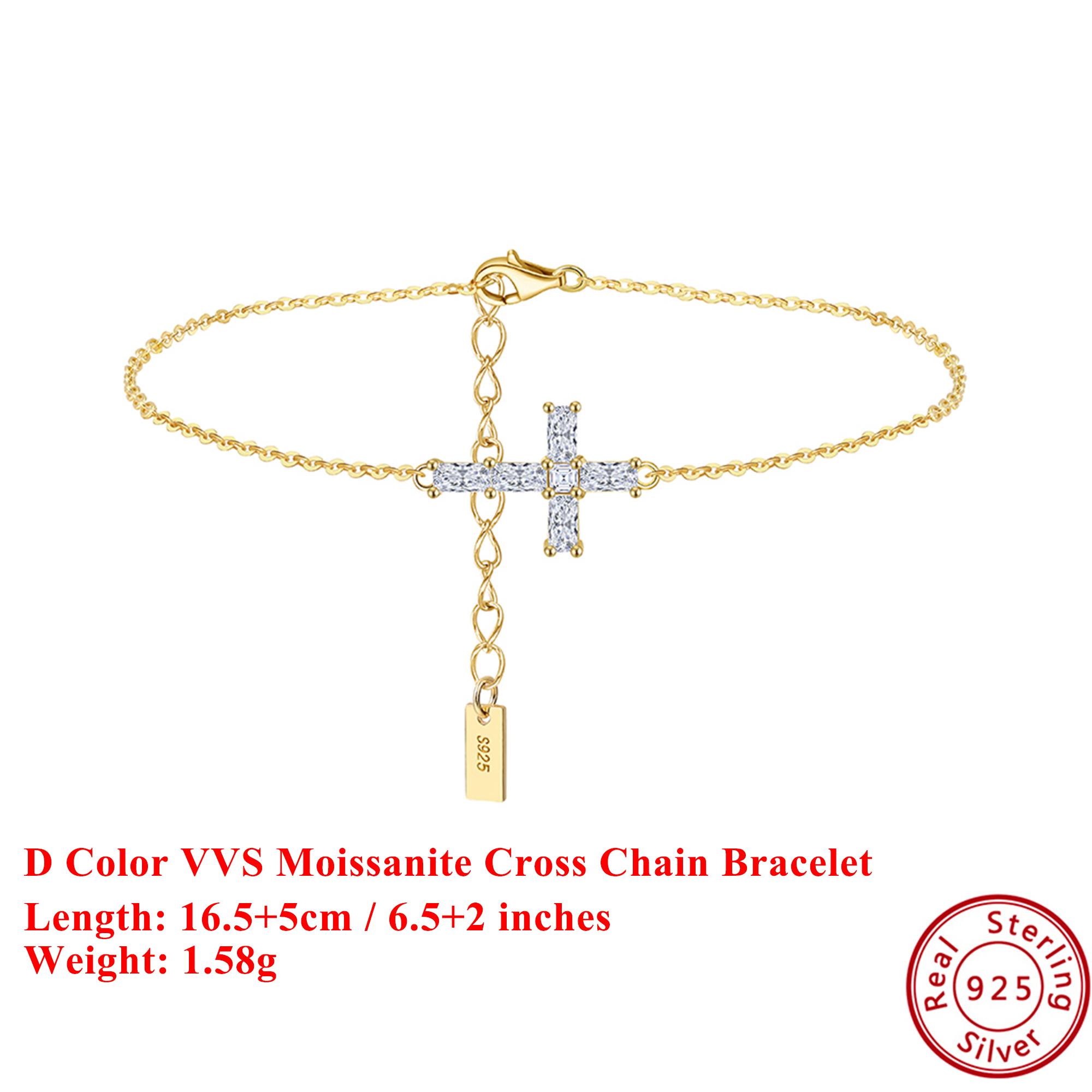 

EFFIE QUEEN 100% S925 Silver 14k Gold D Color VVS Moissanite Cross Chain Bracelet Religious Jewelry for Women Anniversary MOB03
