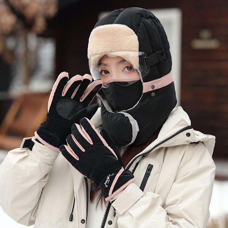 Multifunctional thickened warm child women's winter gloves scarf mask integrated hat outdoor riding electric car