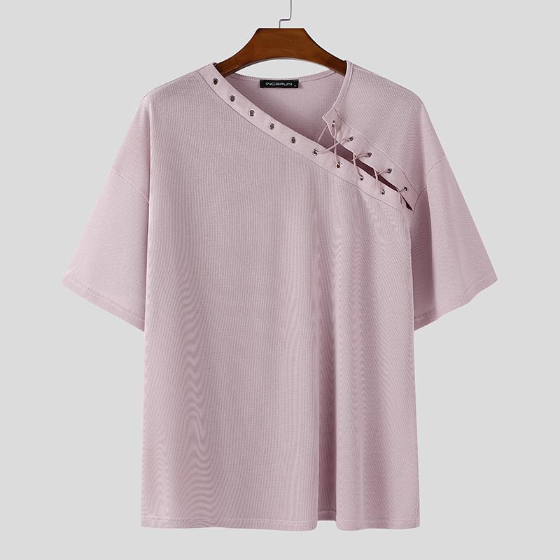 INCERUN Men Short Sleeve Bandage Texture Casual Loose T-shirts Tops